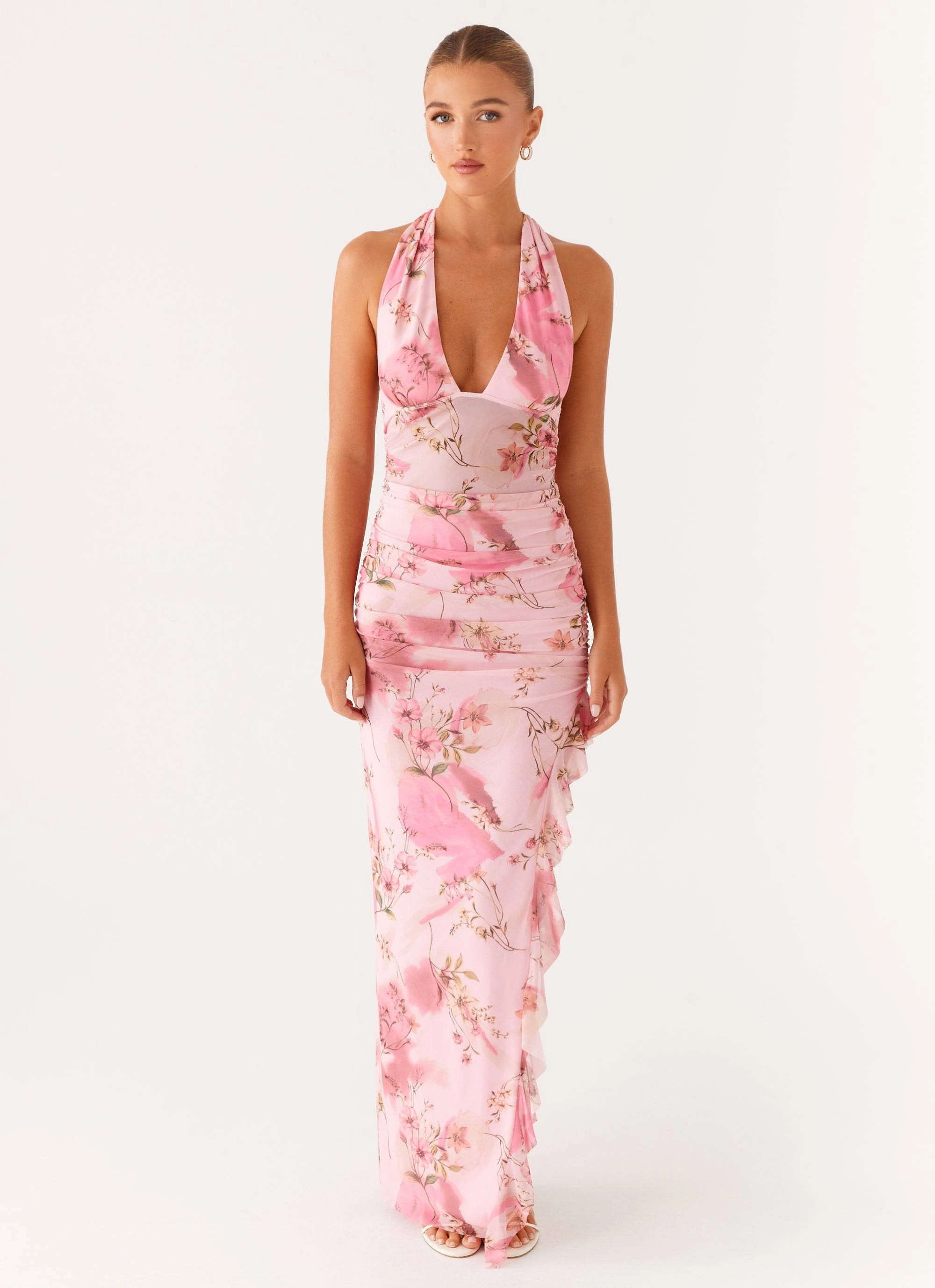 Timeless Fit Wrinkle-Free-Finish Micca Halter Maxi Dress - Pink Floral Print