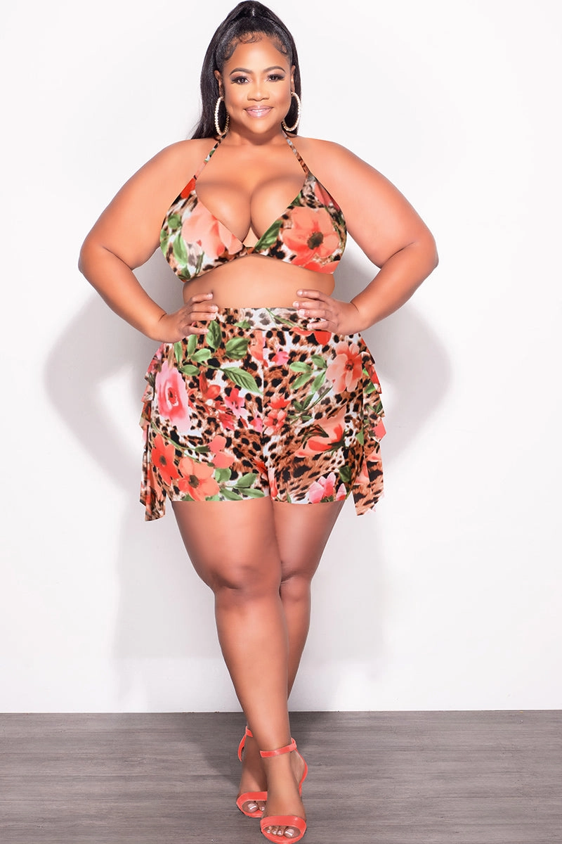 Stretch Panels Final Sale Plus Size 2pc Poolside Playsuit (Bikini Top & High Waist Shorts) Set in Animal Print