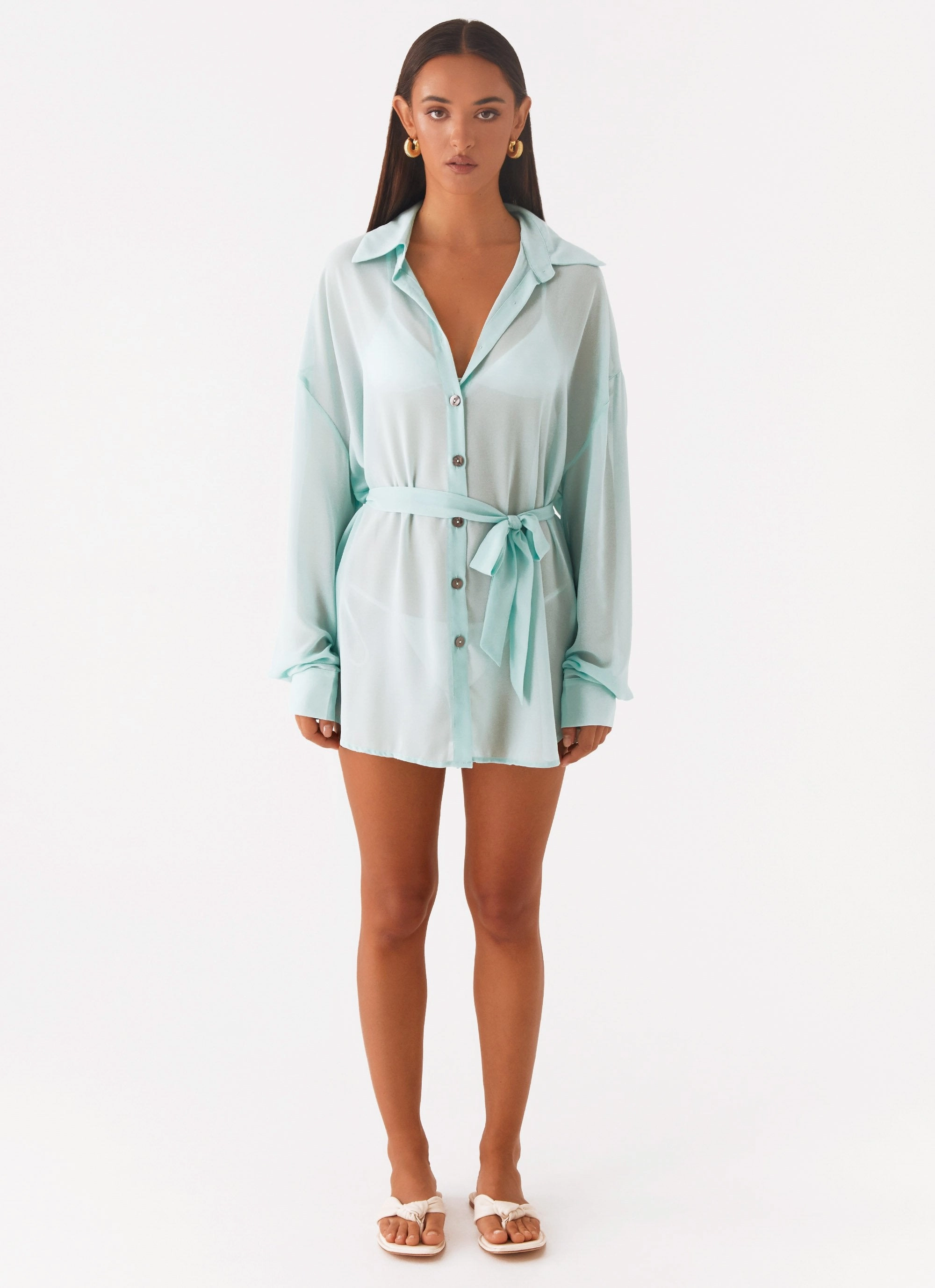 Non Iron Fabric Miley Oversized Chiffon Shirt - Pale Blue