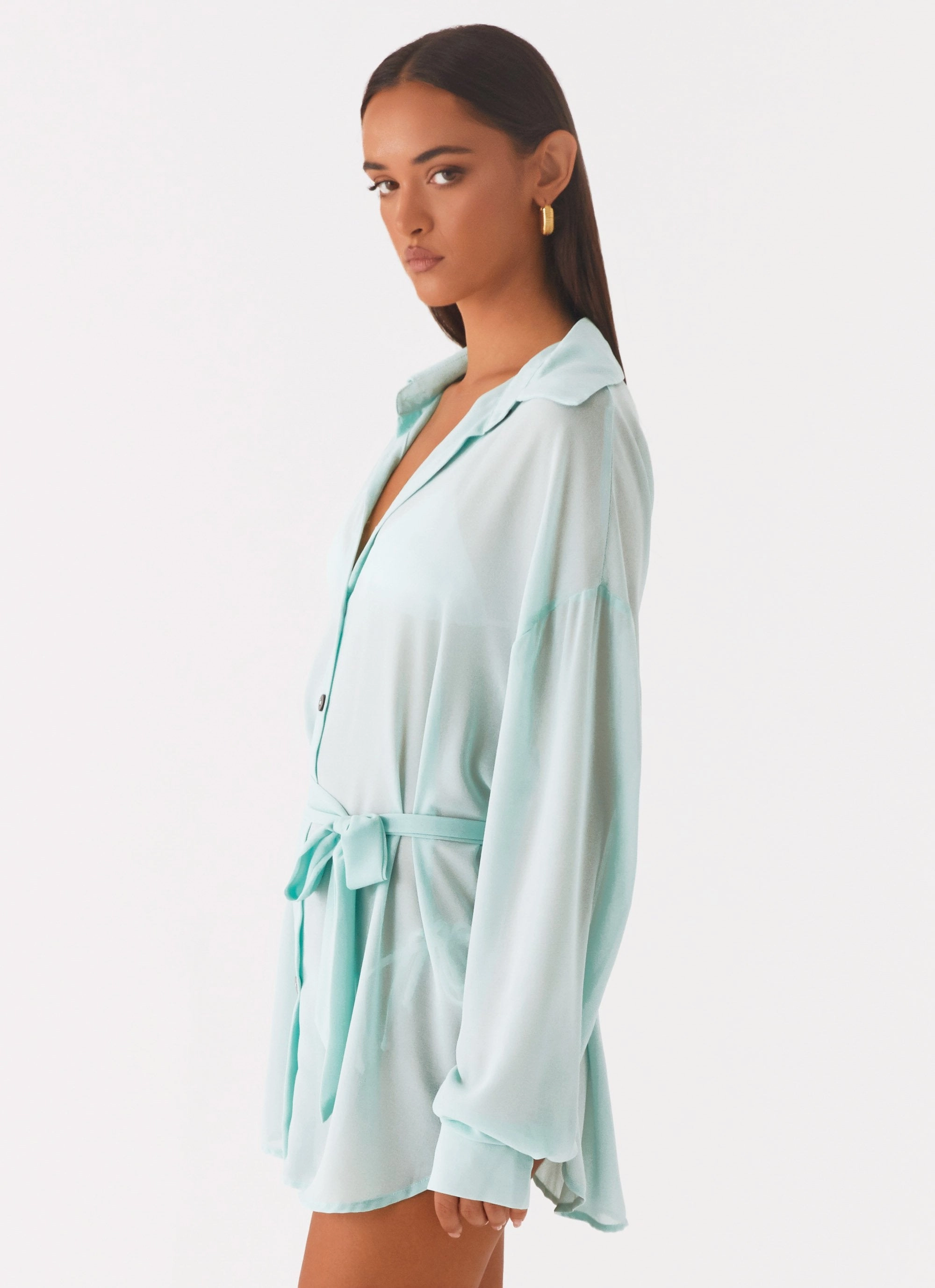 Flexible Knit Blend VentilatedBackPanel Miley Oversized Chiffon Shirt - Pale Blue