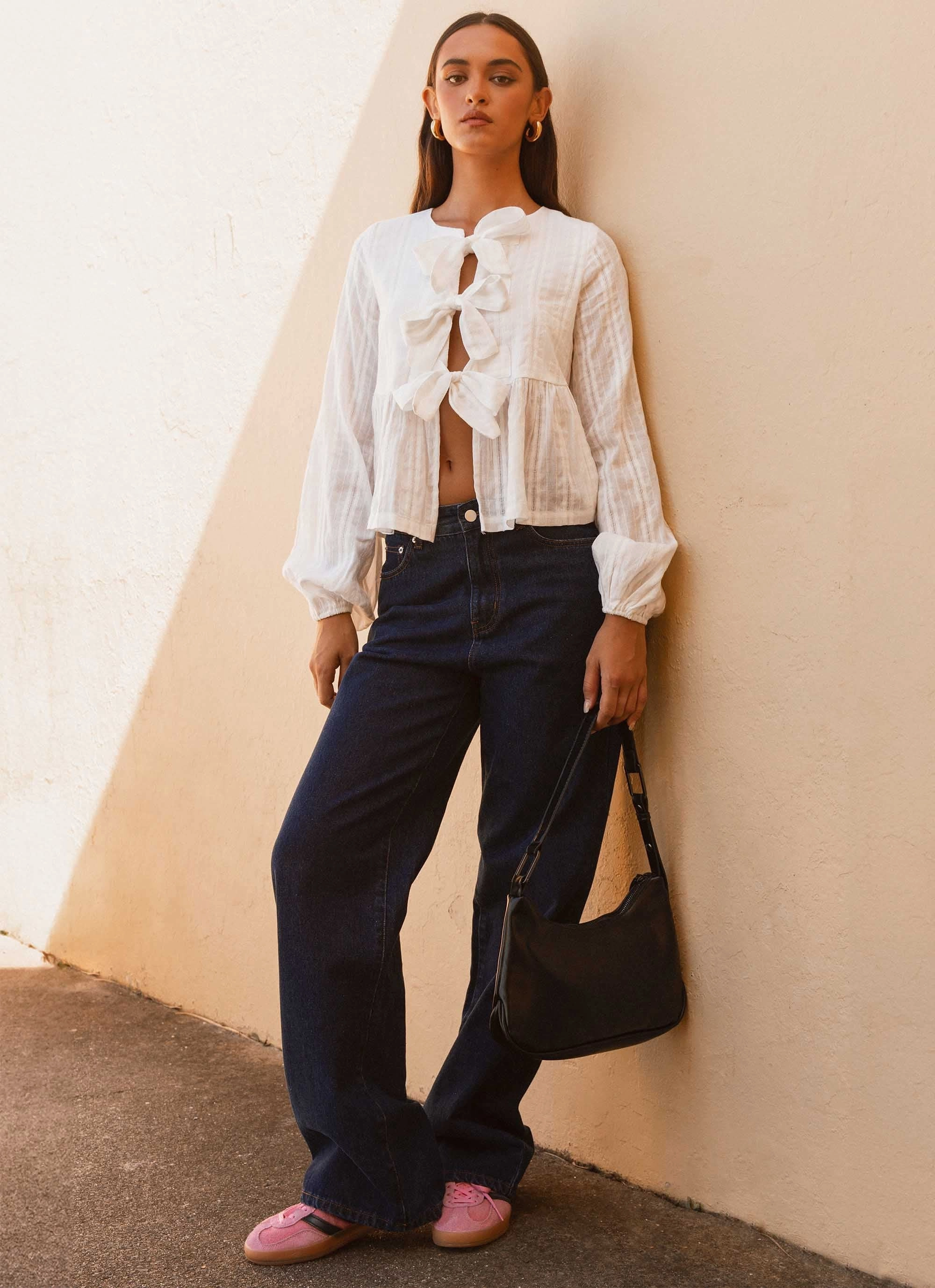 RibbedHemline Western Wind Long Sleeve Top - White