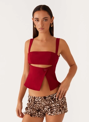 Pia Cut Out Top - Red Flexible Waistband Adaptation Stretch Blouse