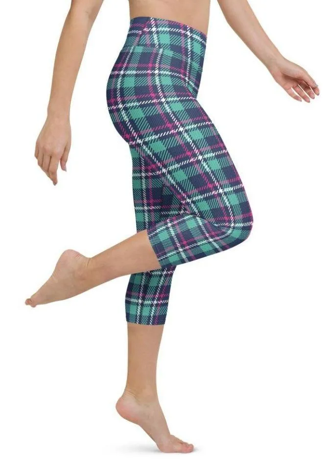 Pink & Turquoise Plaid Print Yoga Capris