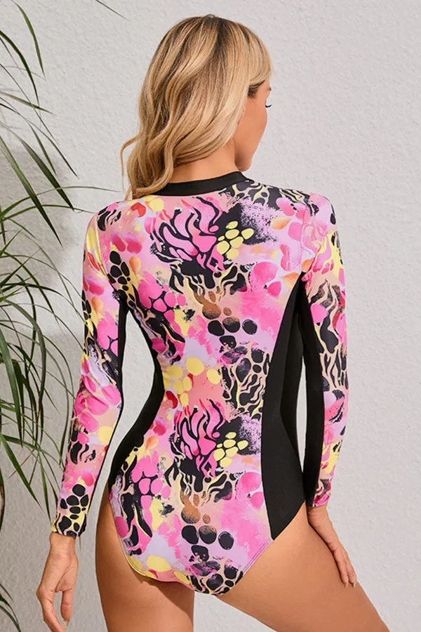 Pink Printed Zipper Patchwork One Piece Swimsuit Long Sleeve UPF50  Rash Guard