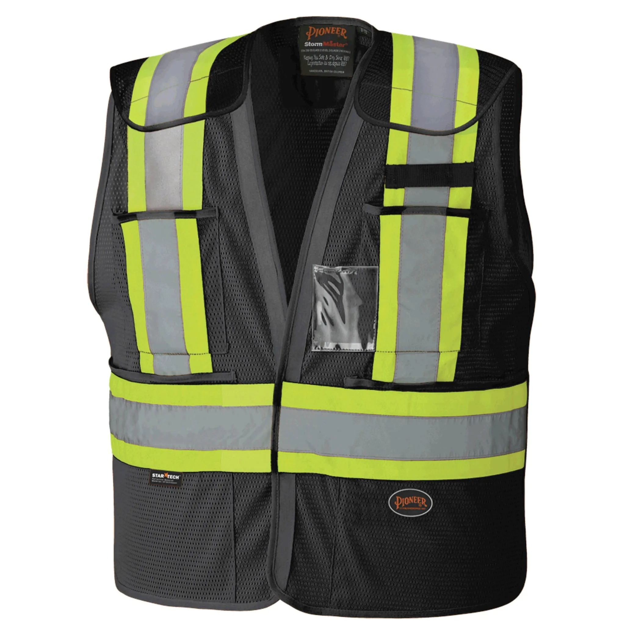 Pioneer Men's Black Hi Vis Safety Tear-Away Vest, Drop Shoulder, CSA Z96-15, Poly Mesh, StarTech® Reflective, 5-Point Quick Release | Sizes S-5XL
