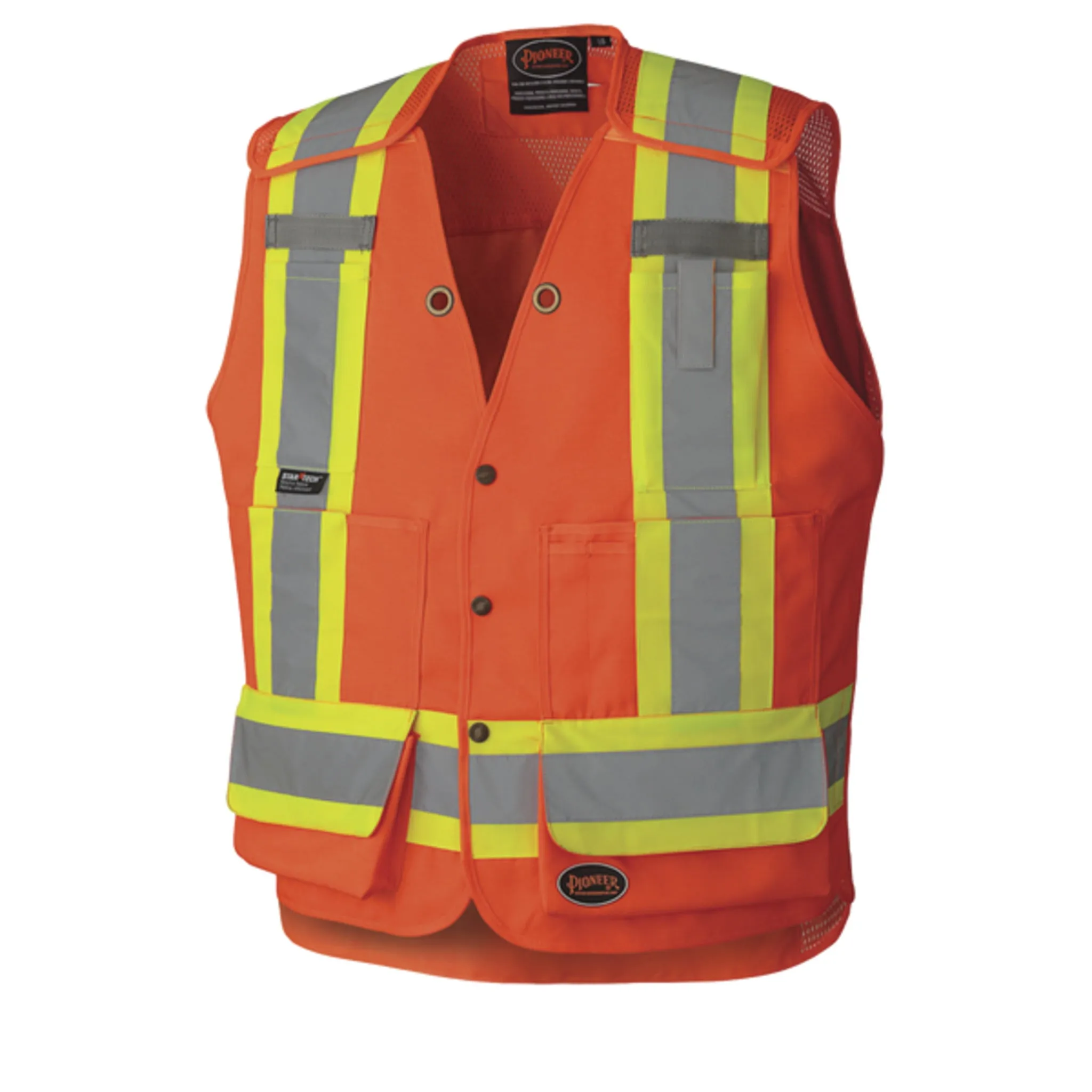 Pioneer Men's Hi Vis Safety Surveyor Vest CSA Poly/Cotton 5-Point Tear-Away, StarTech Reflective, Cooling Mesh, Pockets, D-Ring Access | Sizes S-4XL