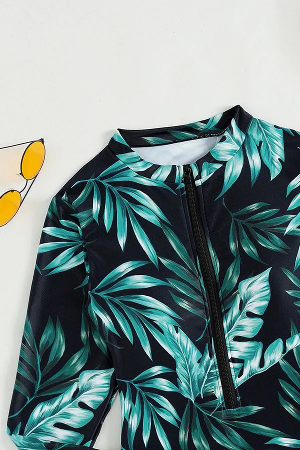 Plant Print Zipper Long Sleeve UPF50  Rash Guard