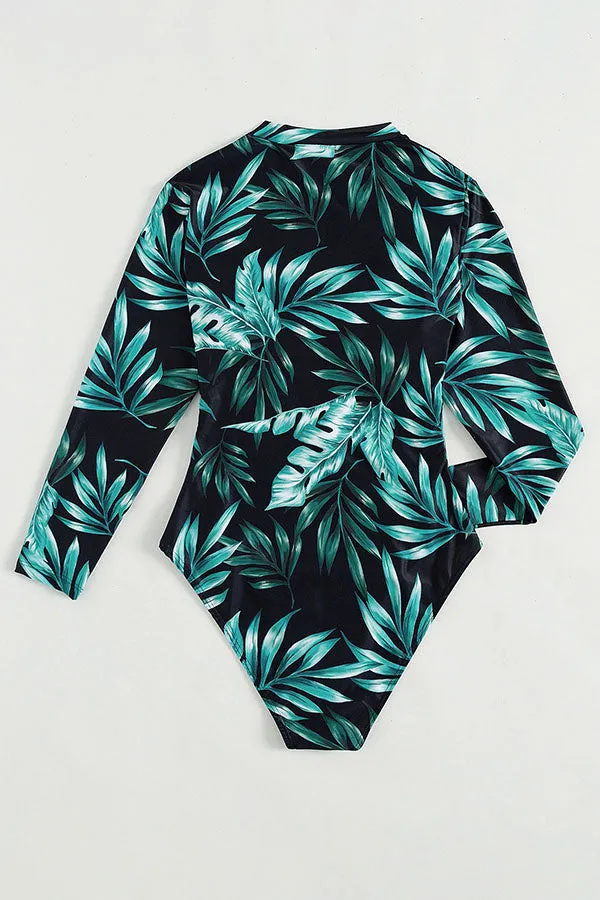 Plant Print Zipper Long Sleeve UPF50  Rash Guard