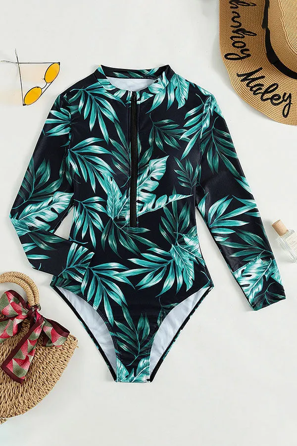 Plant Print Zipper Long Sleeve UPF50  Rash Guard