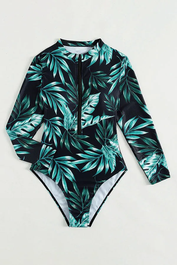 Plant Print Zipper Long Sleeve UPF50  Rash Guard