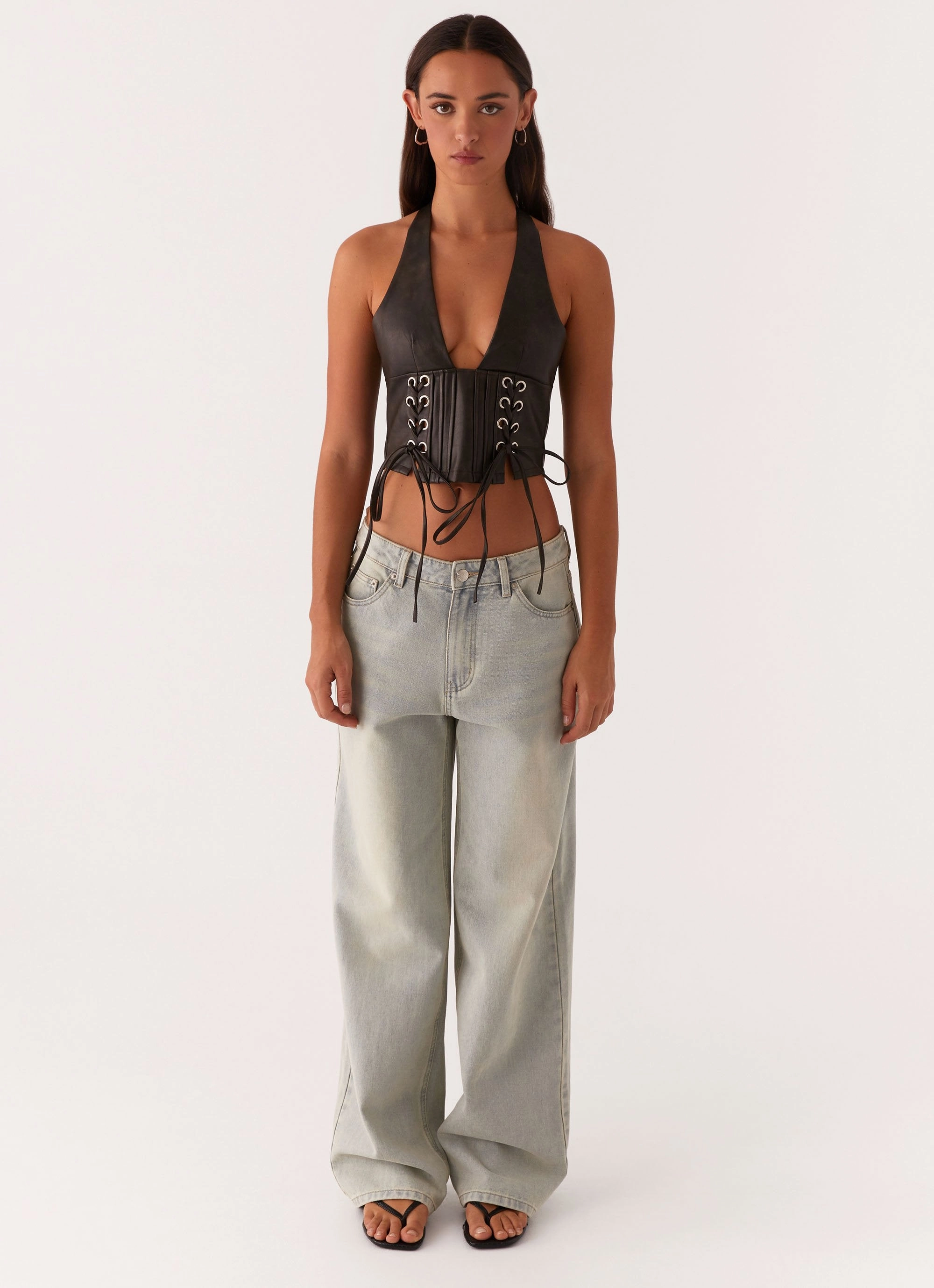 Elasticized Waistband Playbook Halterneck Top - Vintage Brown