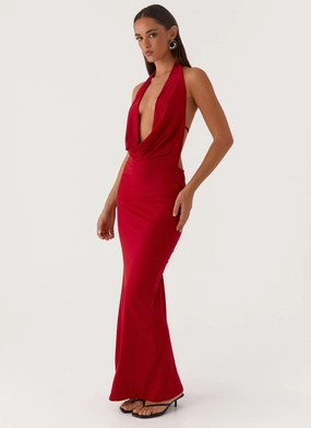 Dedicated Maxi Dress - Red Asymmetrical hem Stylish Waist Fit