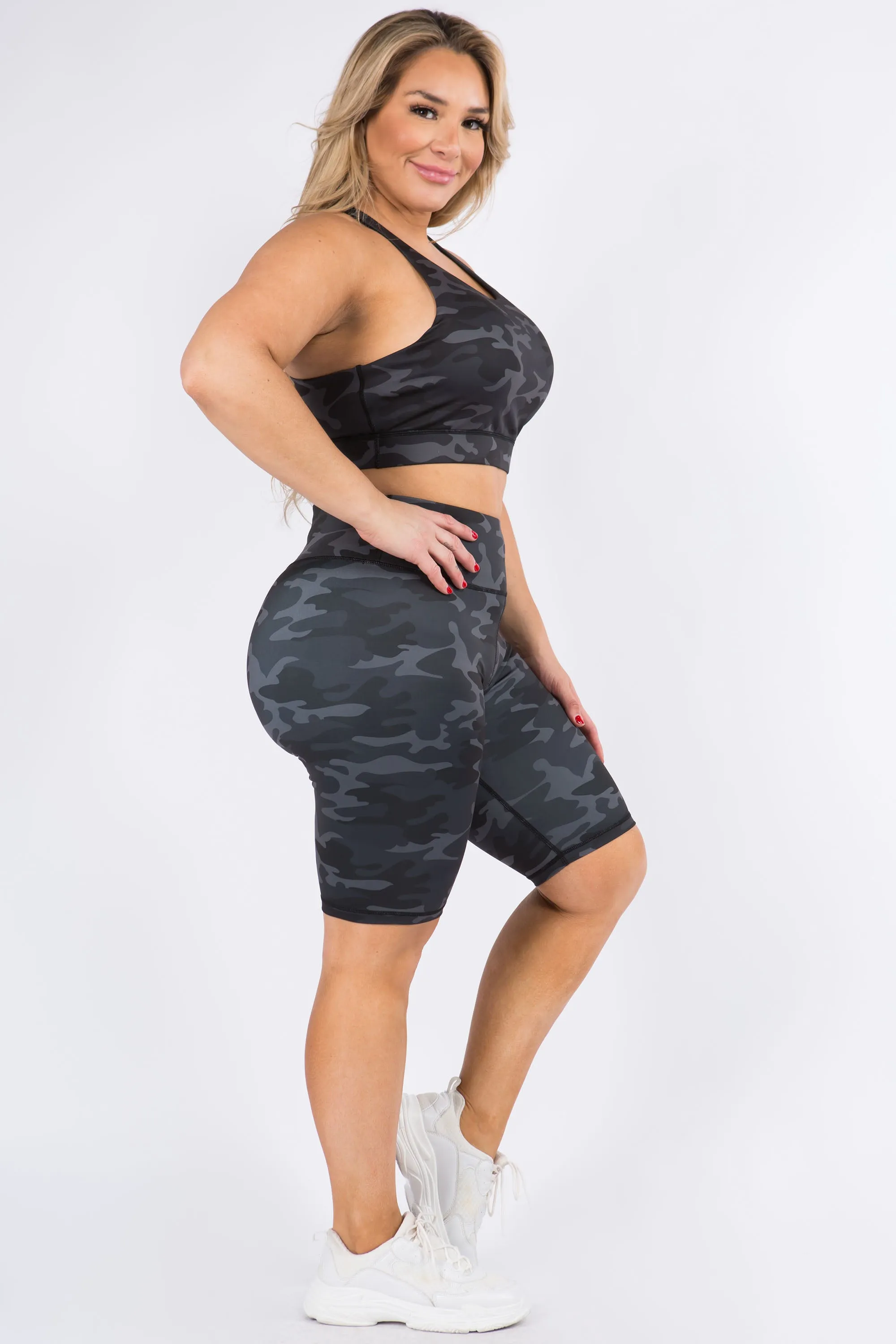 Plus Size Dark Camo Active Biker Shorts Set