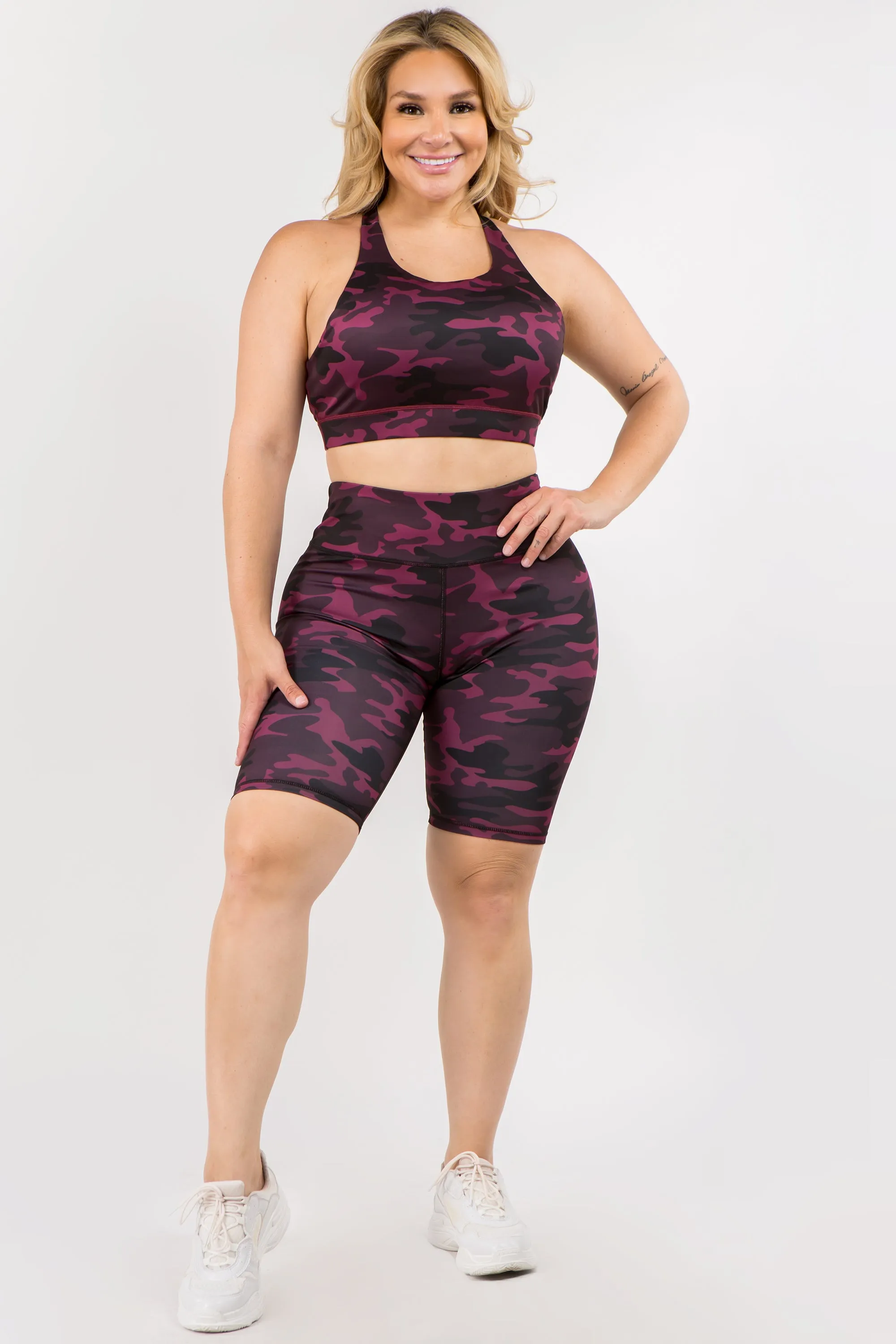 Plus Size Dark Camo Active Biker Shorts Set