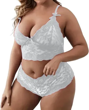 Plus Size Lingerie Set for Women Sexy Lace Bralette High Waist Stretchy V Neck Push Up Stretchy Bra and Panty