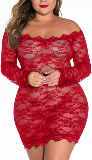 Plus Size Lingerie Set for Women Strapless Floral Lace Babydoll Chemise Thong Sleepwear Nightdress High Waisted G-String Bodycon See Through Costumes Scalloped built wire lingerie D72-Red