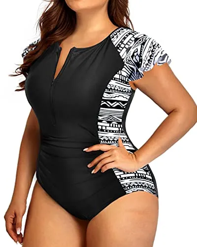 Plus Size One Piece Tummy Control Cap Sleeves Zipper Rash Guard for Women