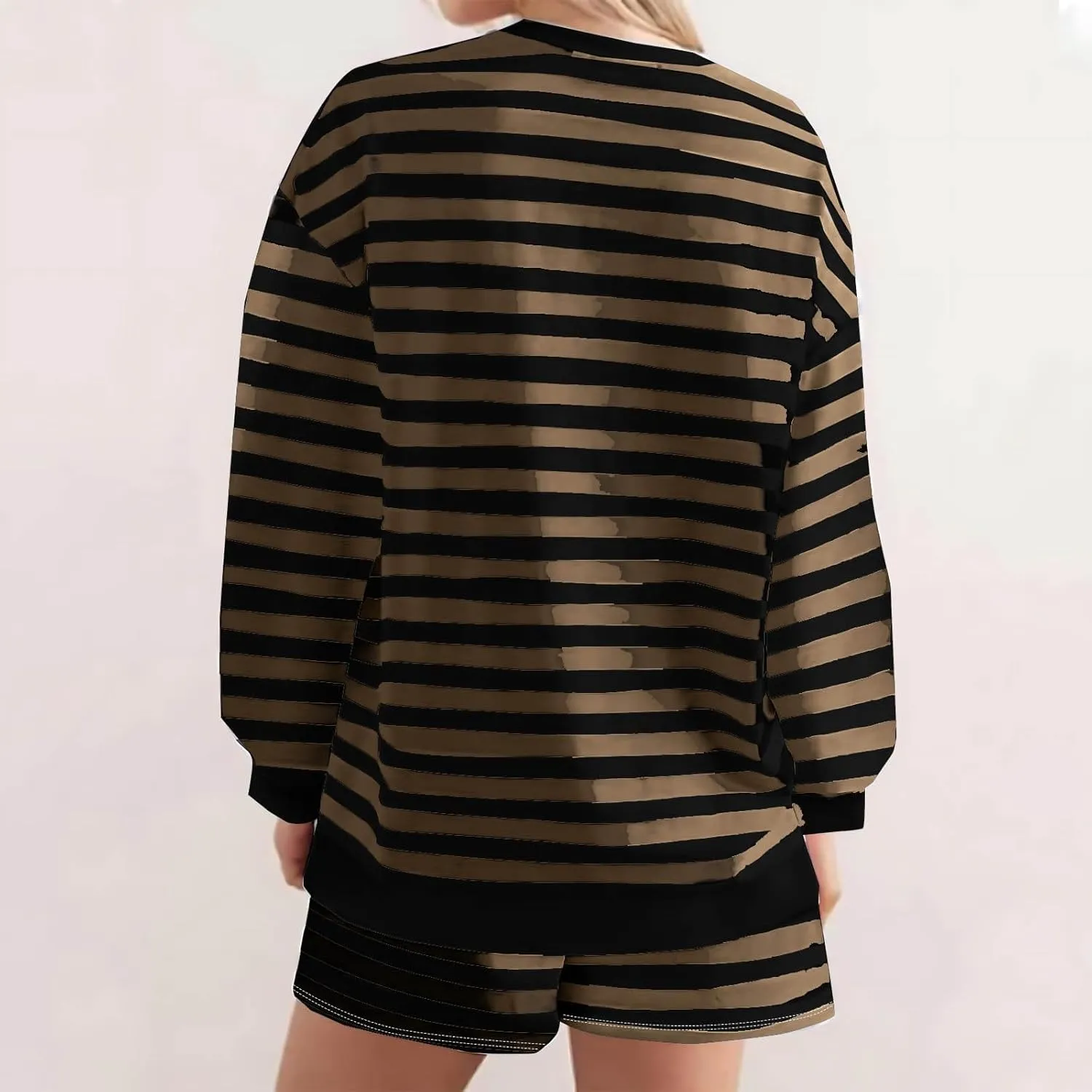 Plus Size Short Sets for Women Summer Trendy Striped Crewneck Long Sleeve Shorts 2 Piece Outfits Loose Fit Tracksuit