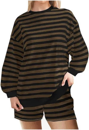 Plus Size Short Sets for Women Summer Trendy Striped Crewneck Long Sleeve Shorts 2 Piece Outfits Loose Fit Tracksuit