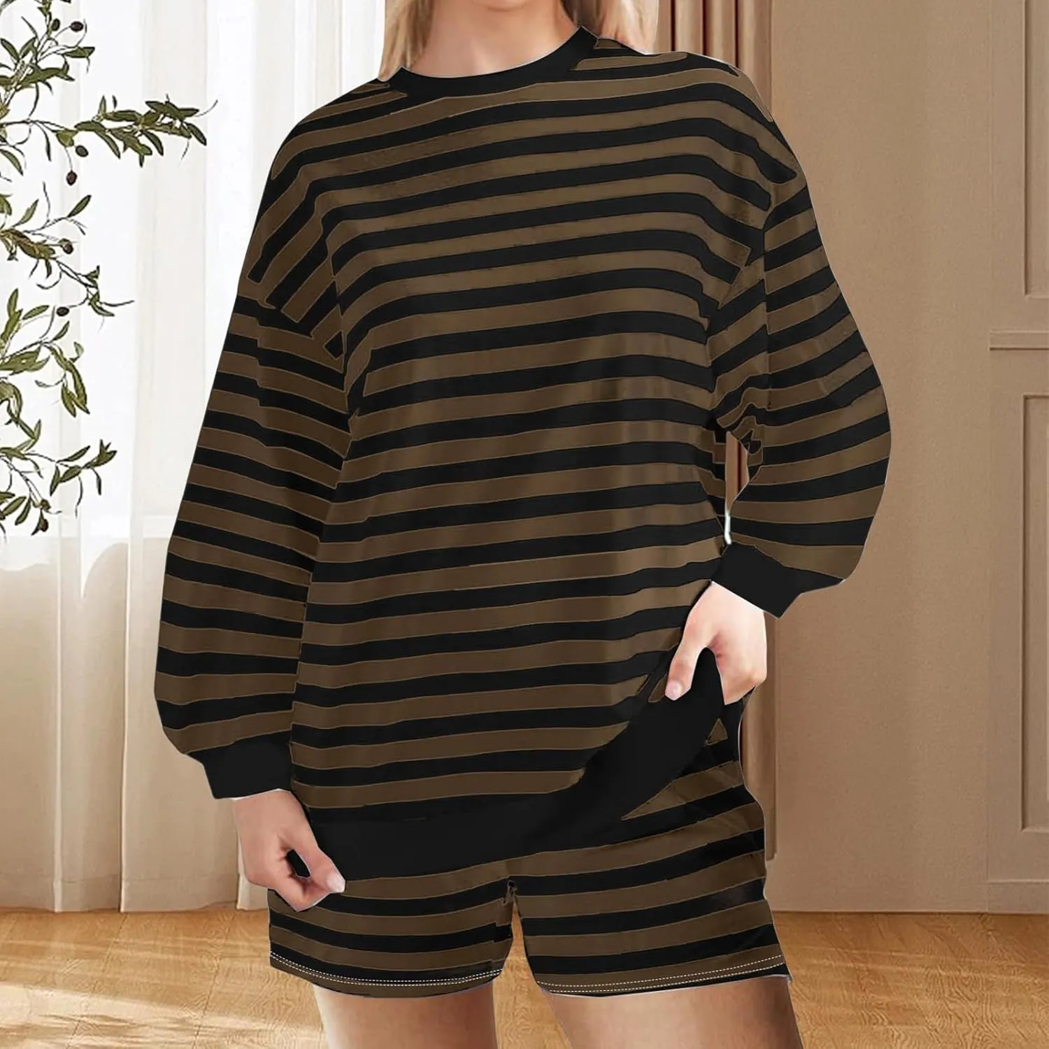Plus Size Short Sets for Women Summer Trendy Striped Crewneck Long Sleeve Shorts 2 Piece Outfits Loose Fit Tracksuit