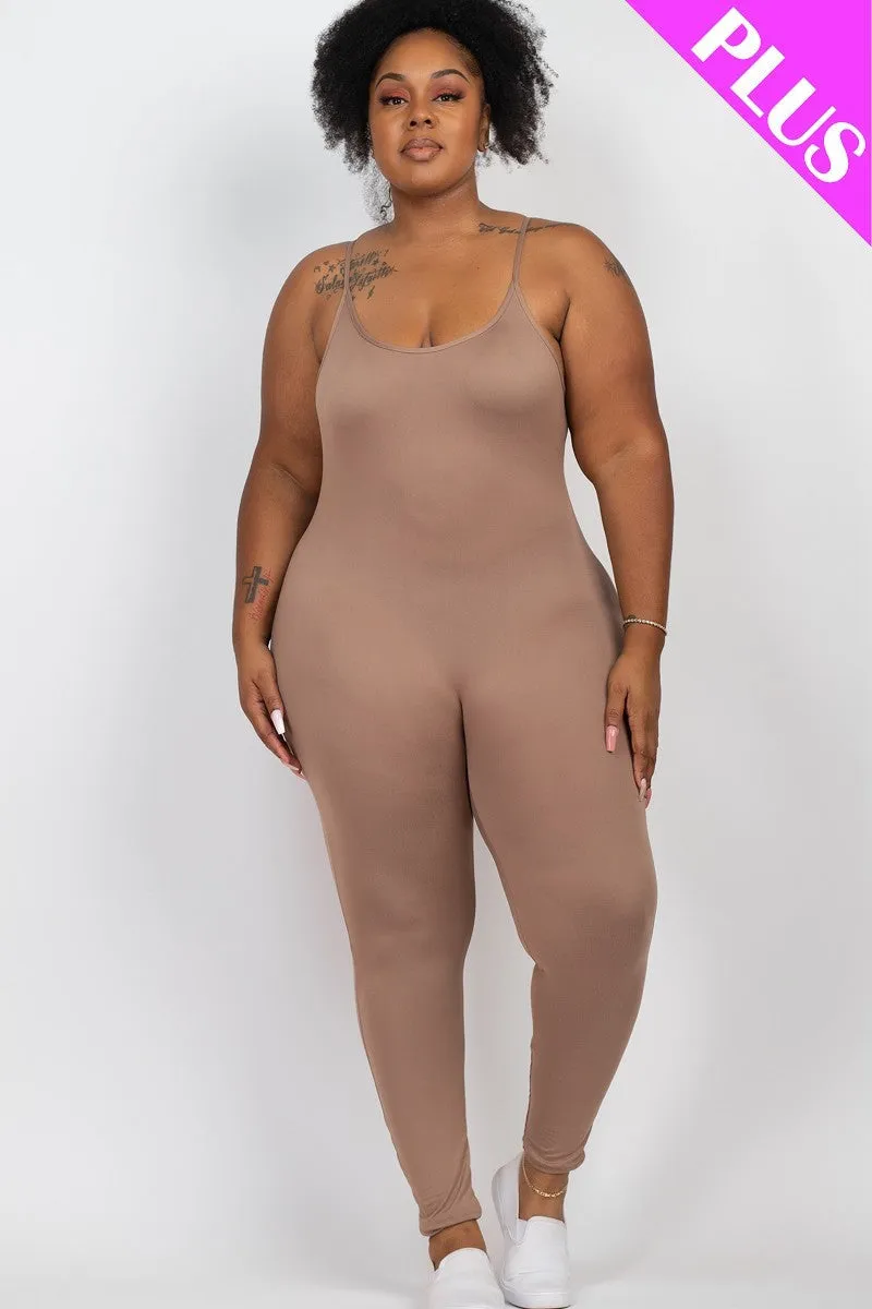 Plus Size Taupe Grey Spaghetti Strap  Solid Bodycon Cami Jumpsuit