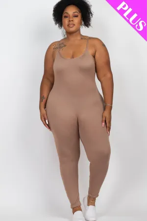 Plus Size Taupe Grey Spaghetti Strap  Solid Bodycon Cami Jumpsuit