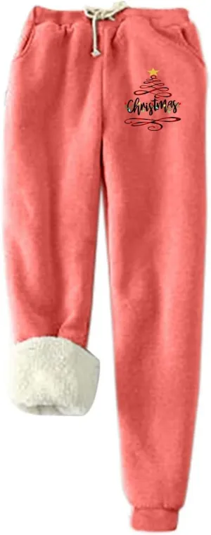 Plus Size Warm Pants for Women Christmas Sweatpants Fleece Lined Jogger Pants Xmas Tree Thermal Trousers Lounge Pants