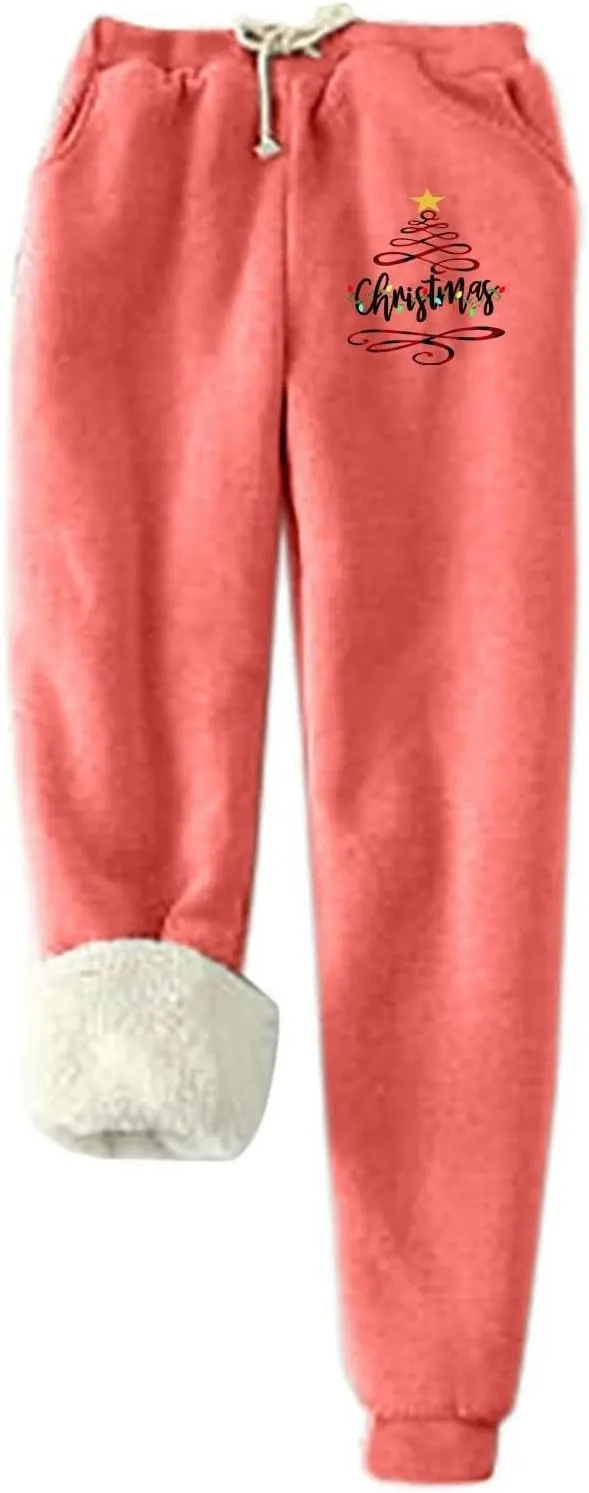 Plus Size Warm Pants for Women Christmas Sweatpants Fleece Lined Jogger Pants Xmas Tree Thermal Trousers Lounge Pants