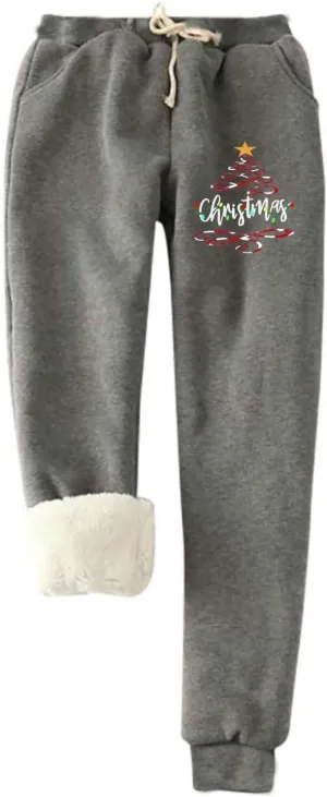 Plus Size Warm Pants for Women Christmas Sweatpants Fleece Lined Jogger Pants Xmas Tree Thermal Trousers Lounge Pants