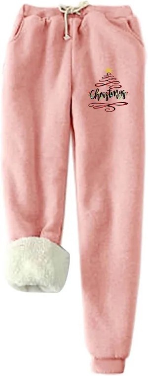 Plus Size Warm Pants for Women Christmas Sweatpants Fleece Lined Jogger Pants Xmas Tree Thermal Trousers Lounge Pants
