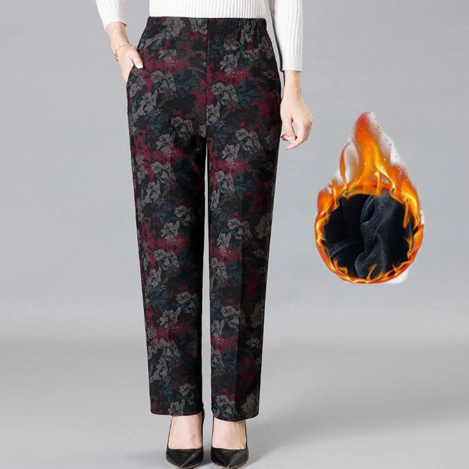 Plus Size Winter Pants Women Floral Fleece Lined Pants Casual Sherpa Lounge Pants Thich Straight Leg Pajamas Pants