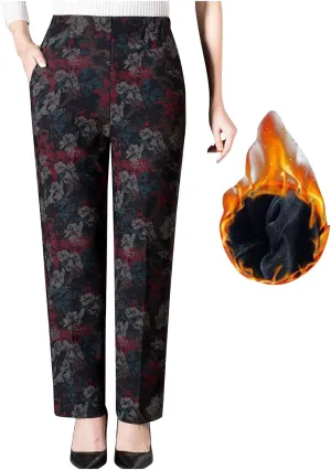 Plus Size Winter Pants Women Floral Fleece Lined Pants Casual Sherpa Lounge Pants Thich Straight Leg Pajamas Pants