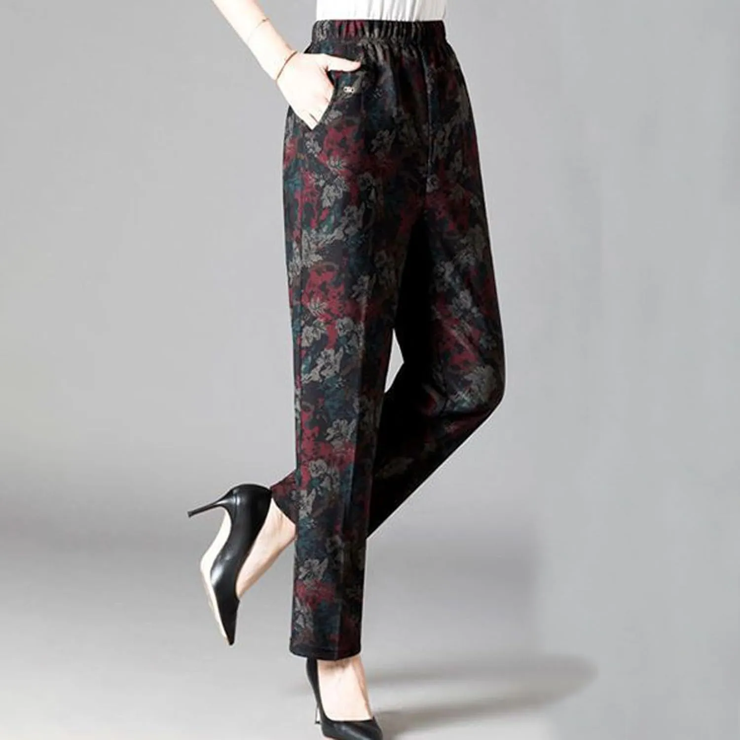 Plus Size Winter Pants Women Floral Fleece Lined Pants Casual Sherpa Lounge Pants Thich Straight Leg Pajamas Pants