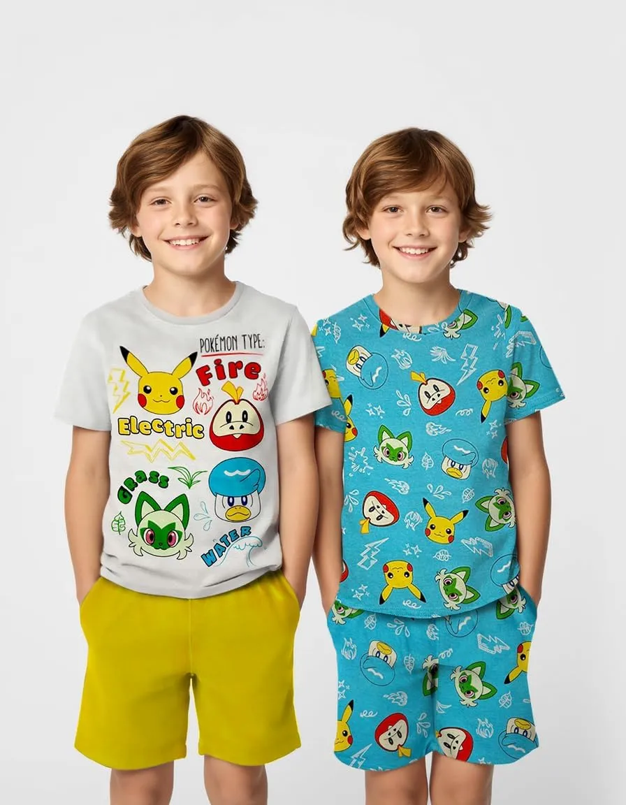 Pokémon Boys Pajama Set - 4 Piece Short Sleeve & Shorts Pajama Set - 100% Cotton PJs, Snug-Fit Kids Summer Pajamas