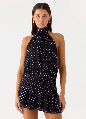 Willow Chiffon Mini Dress - Black Polkadot Layered Fit Soft Balance