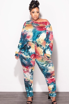 Final Sale Plus Size 2 pc Set Top & Pants in Dark Multi-Colors Stretch Movement Flexible Look
