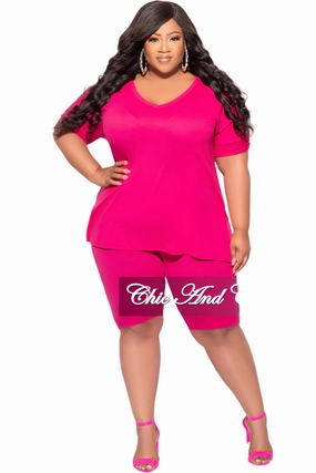 Final Sale Plus Size 2pc V-Neck Tunic Top and Matching Shorts Set in Magenta ReflectiveTrim