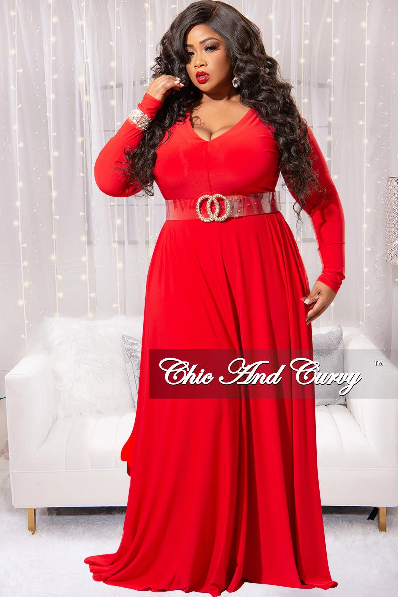 Final Sale Plus Size Long Sleeve Gown with V-Neck in Red Relaxed Look Reinforced Shoulder Panels