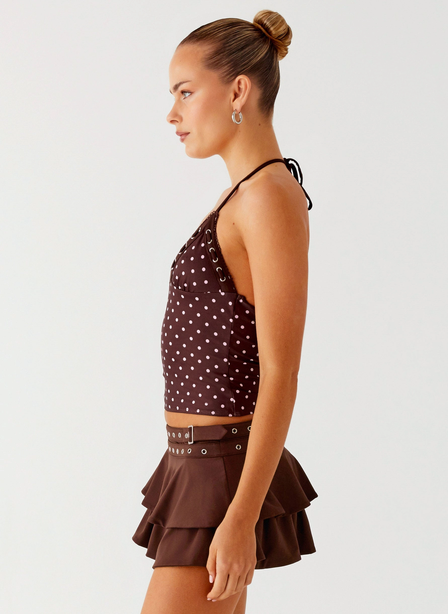 RawEdgedDesign HeatPressedLogos Bahama Eyelet Lace Up Top - Chocolate Strawberry Dot