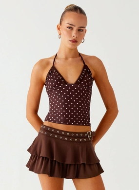 Bahama Eyelet Lace Up Top - Chocolate Strawberry Dot Stretch waistband Durable Reinforced Elbow Patches