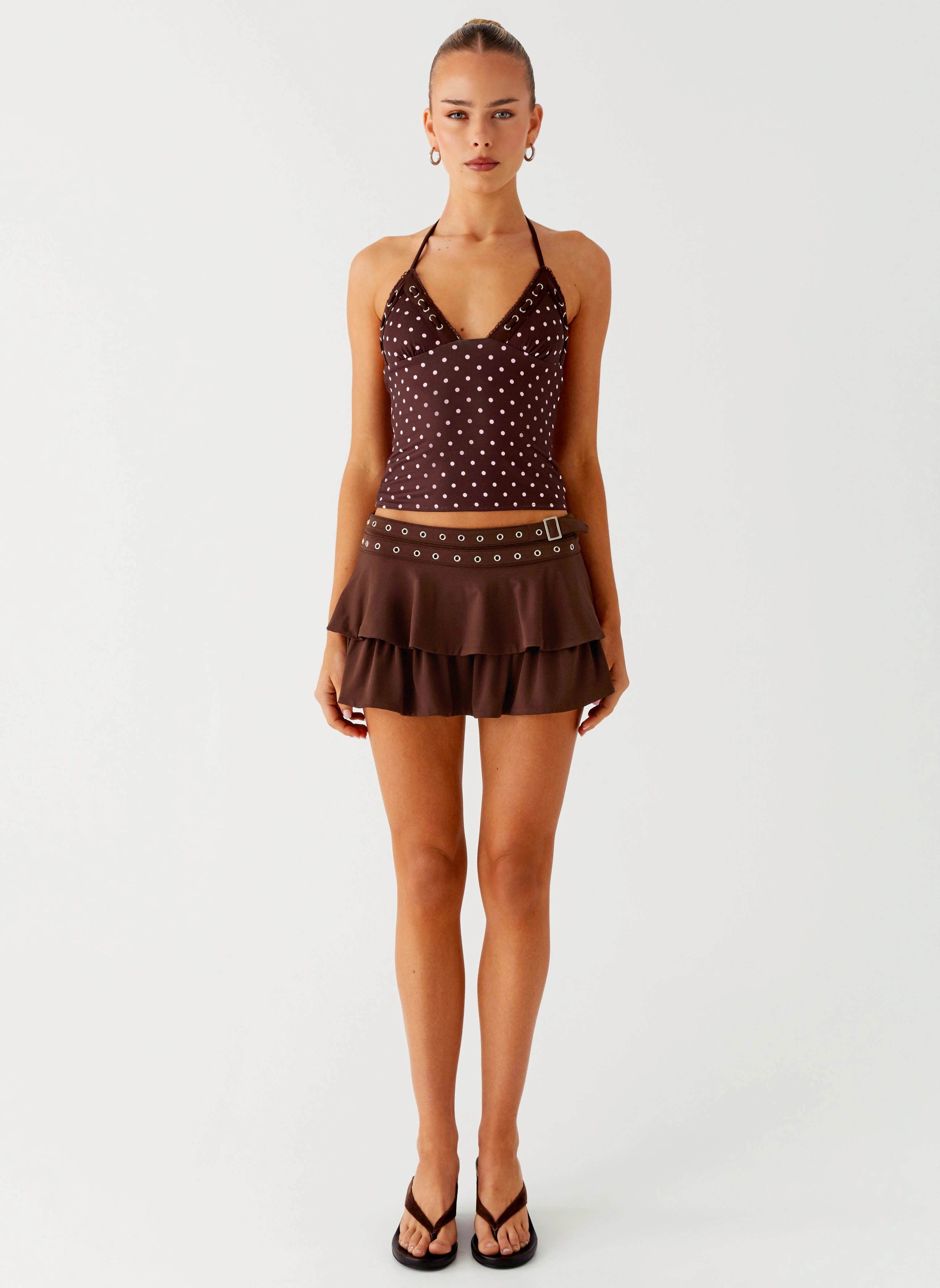 Bahama Eyelet Lace Up Top - Chocolate Strawberry Dot Everyday Look