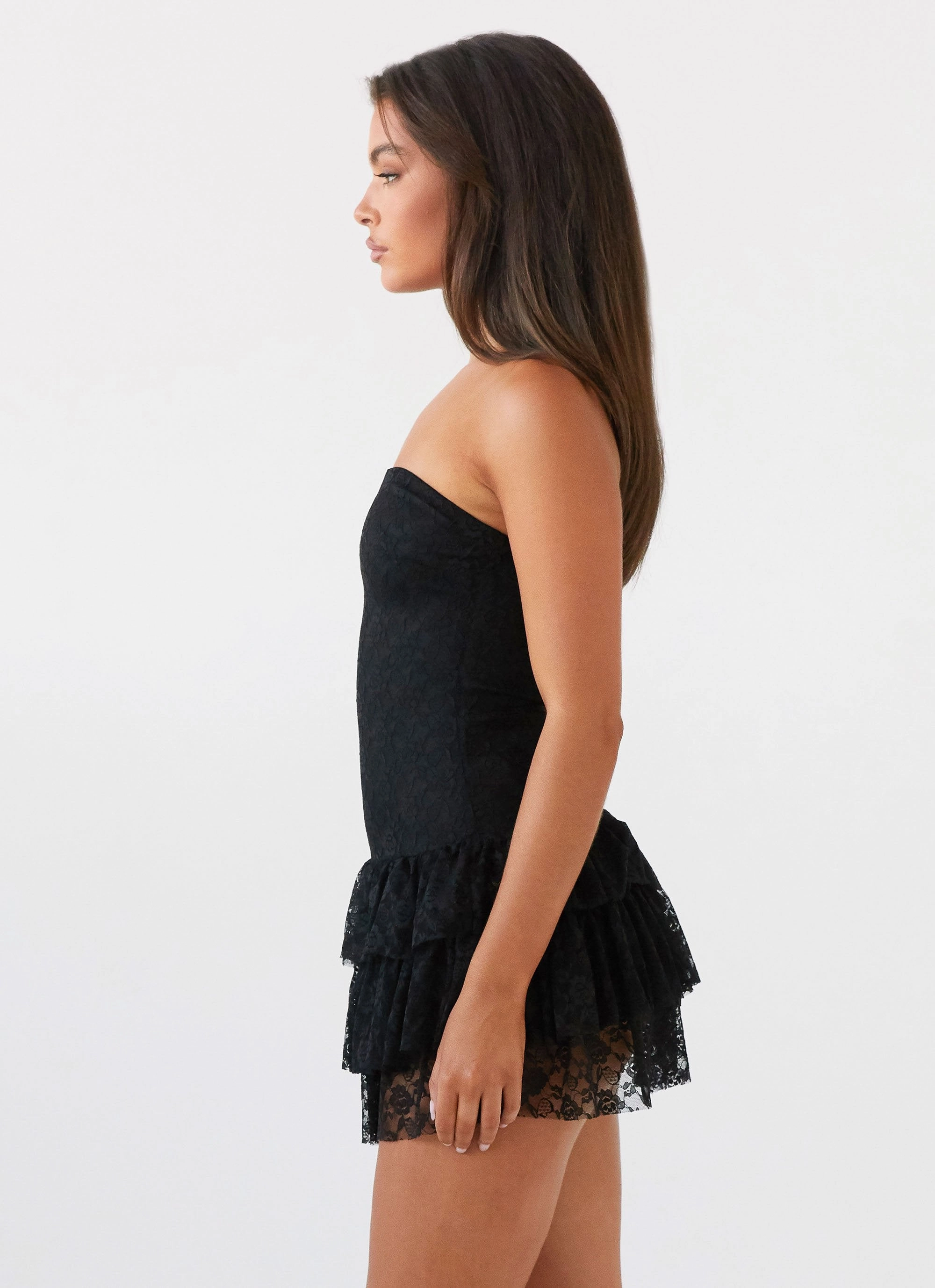 Clean Aesthetic Flattering Comfort Wear Posie Lace Tube Mini Dress - Black