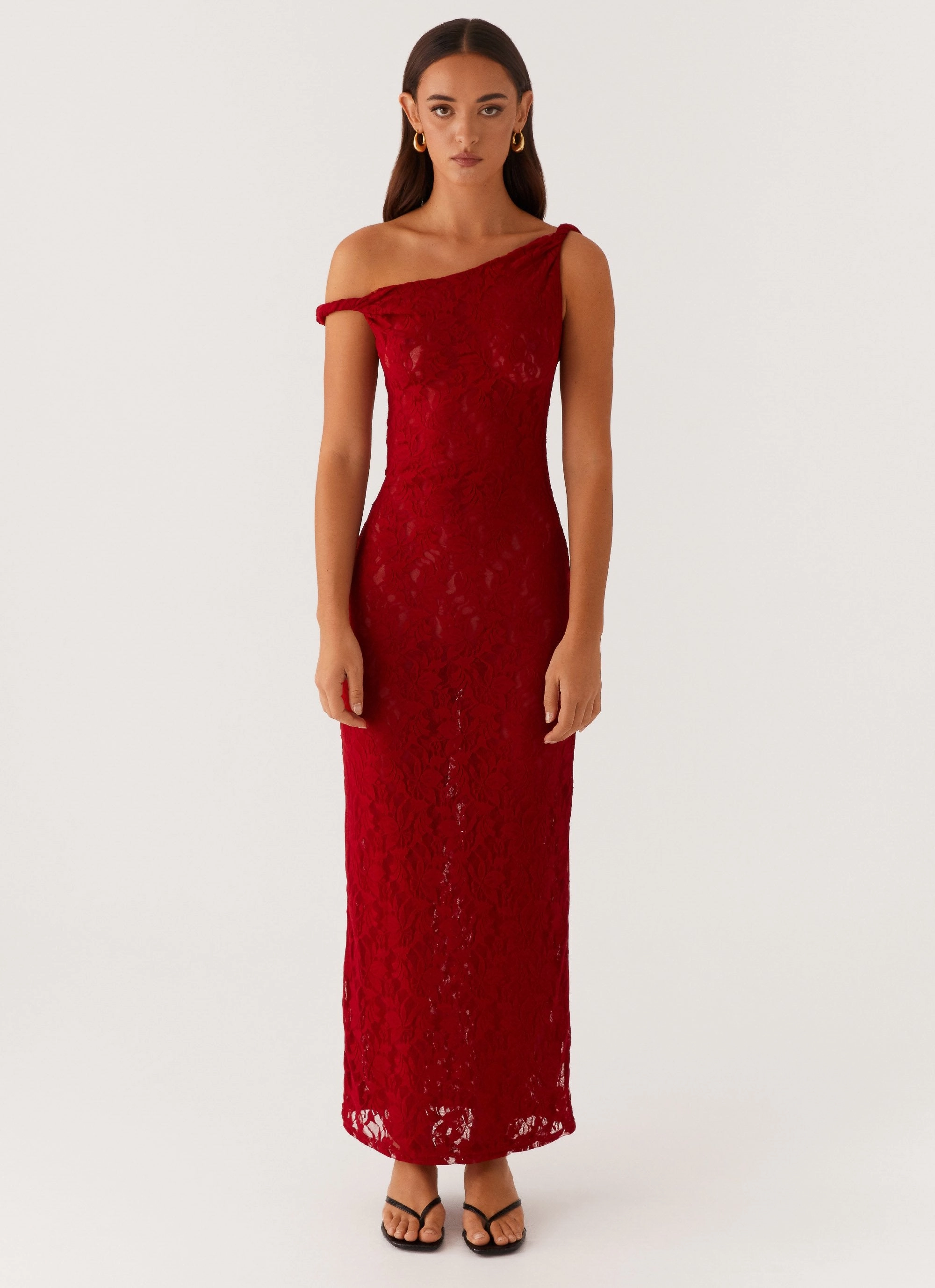 Arabella Twist Shoulder Maxi Dress - Maroon Sophisticated cocktail dress