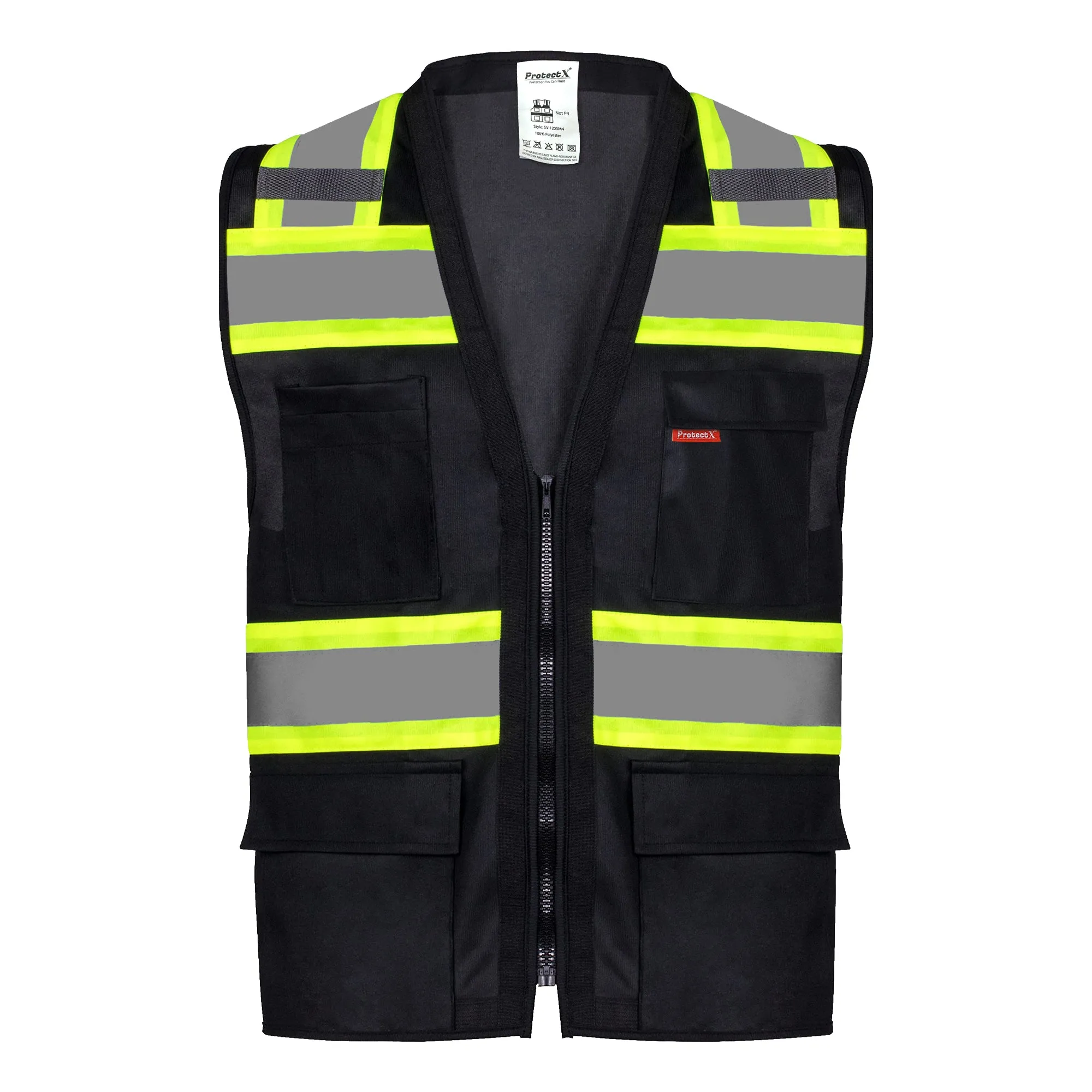 ProtectX Safety Vest Black Hi-Visibility Vest All Solid Fabric with 6 Pockets