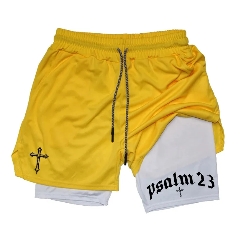 Psalm 23 Cross Print 2-in-1 Workout Running Shorts for Men - Christian Athletic Performance Shorts with Phone Pocket and Towel Loop