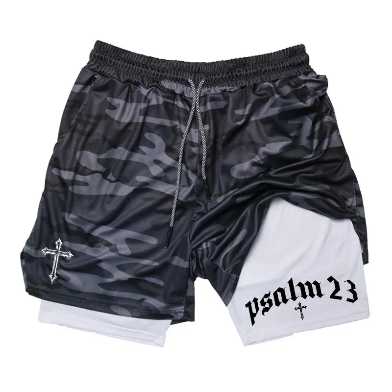 Psalm 23 Cross Print 2-in-1 Workout Running Shorts for Men - Christian Athletic Performance Shorts with Phone Pocket and Towel Loop