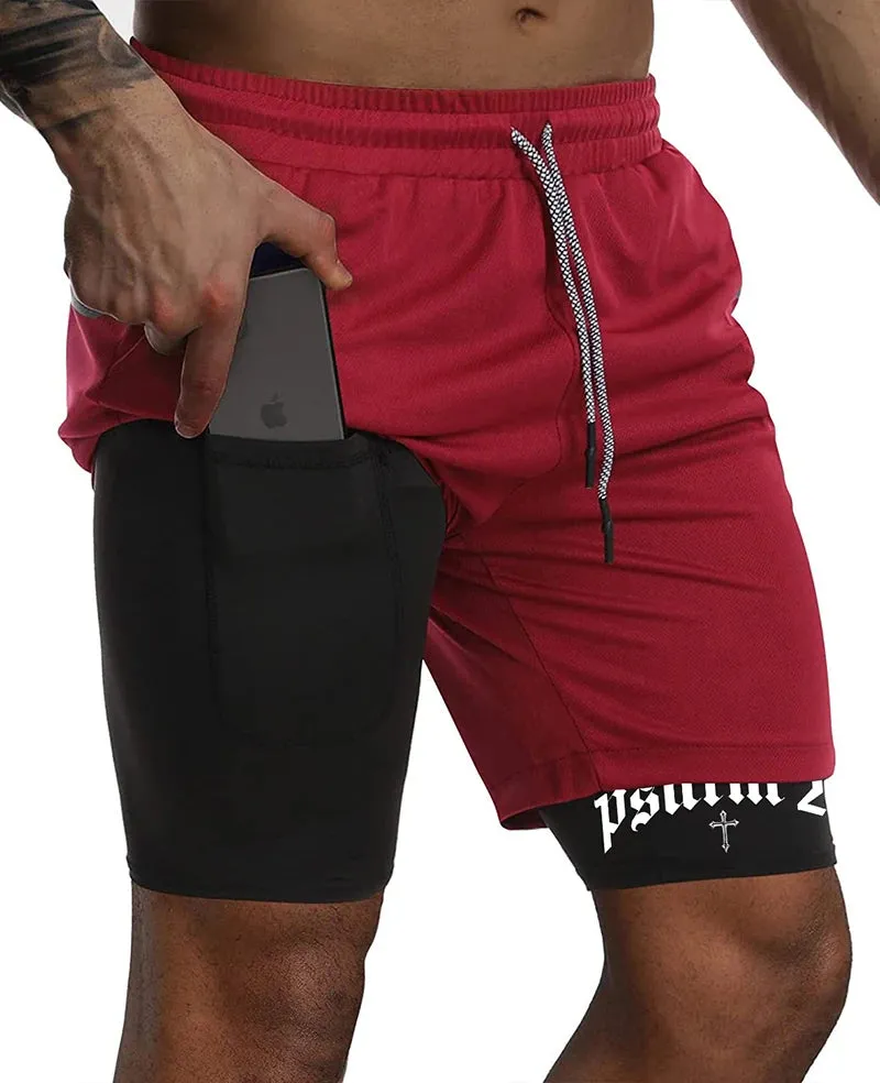 Psalm 23 Cross Print 2-in-1 Workout Running Shorts for Men - Christian Athletic Performance Shorts with Phone Pocket and Towel Loop