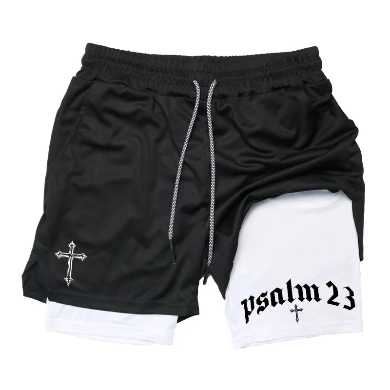 Psalm 23 Cross Print 2-in-1 Workout Running Shorts for Men - Christian Athletic Performance Shorts with Phone Pocket and Towel Loop