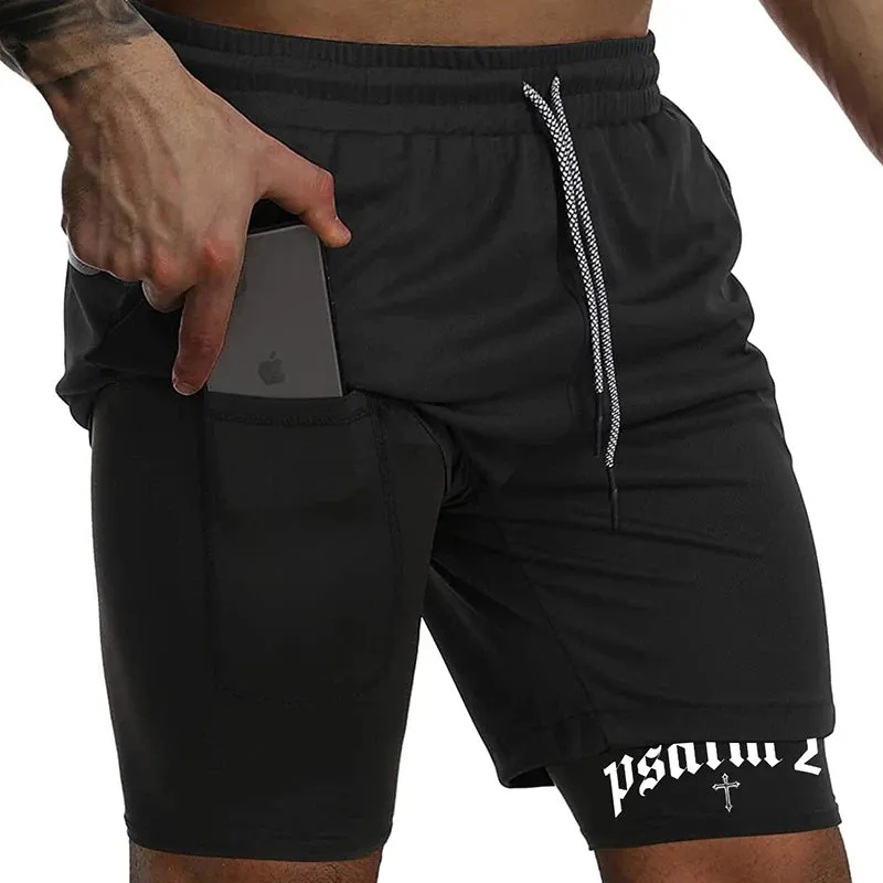 Psalm 23 Cross Print 2-in-1 Workout Running Shorts for Men - Christian Athletic Performance Shorts with Phone Pocket and Towel Loop