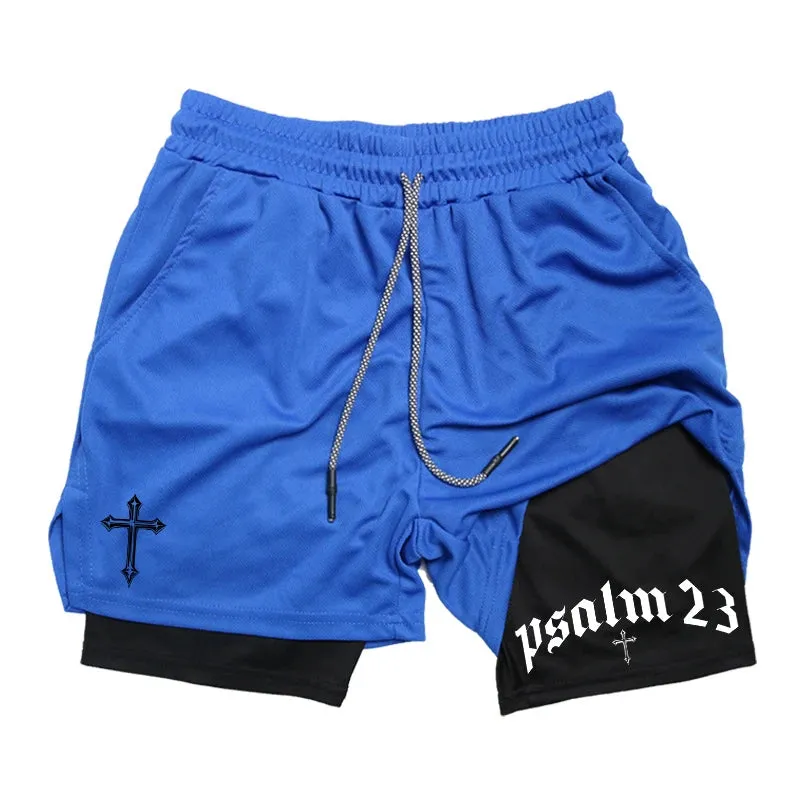 Psalm 23 Cross Print 2-in-1 Workout Running Shorts for Men - Christian Athletic Performance Shorts with Phone Pocket and Towel Loop